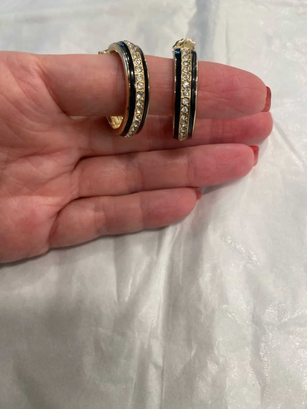 Gold Navy Enamel Rhinestone Hoop Earrings Medium - Picture 11 of 12